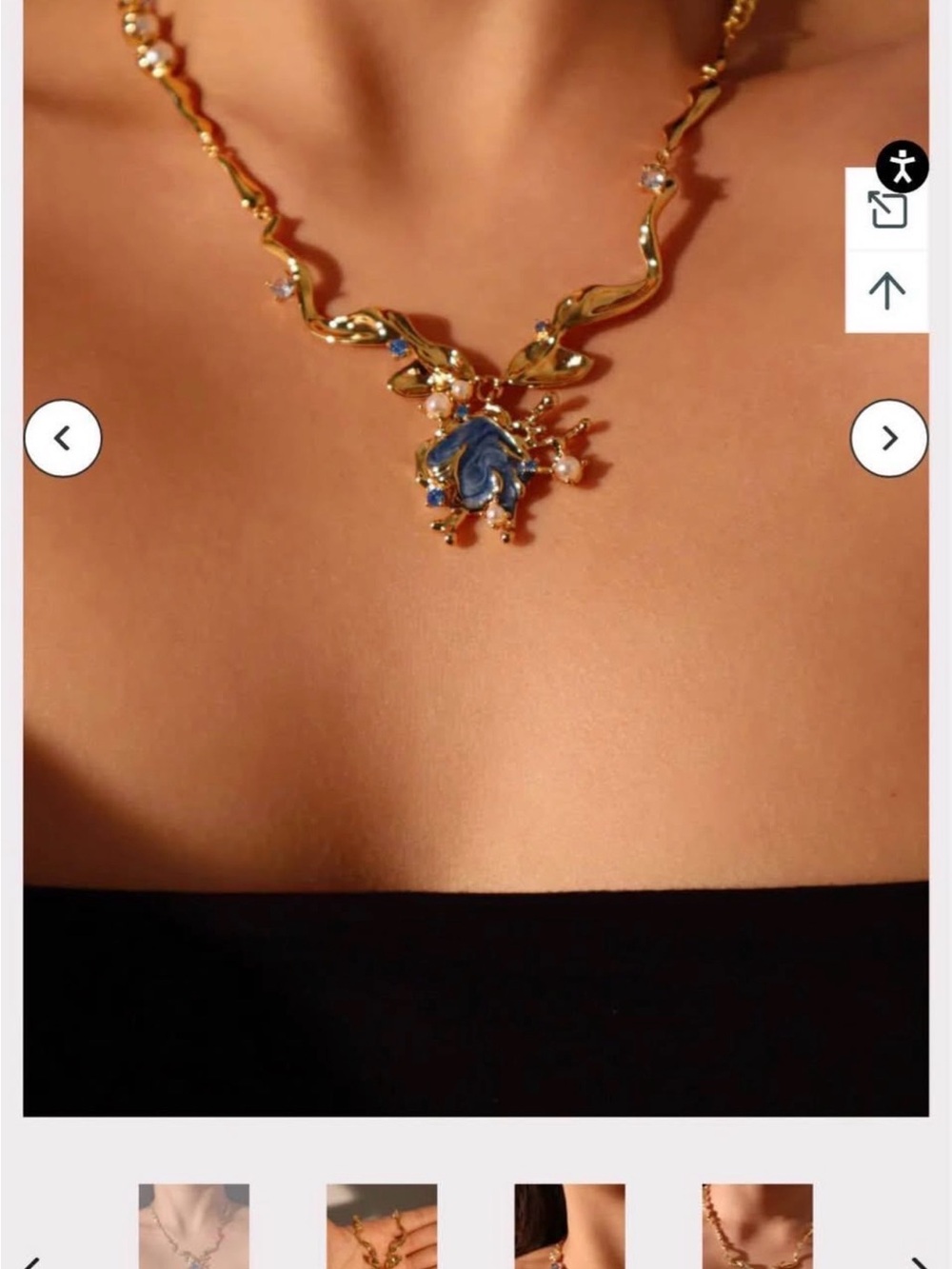 Gold Floral Necklace with Blue Enamel Pendant - Women Jewelry
